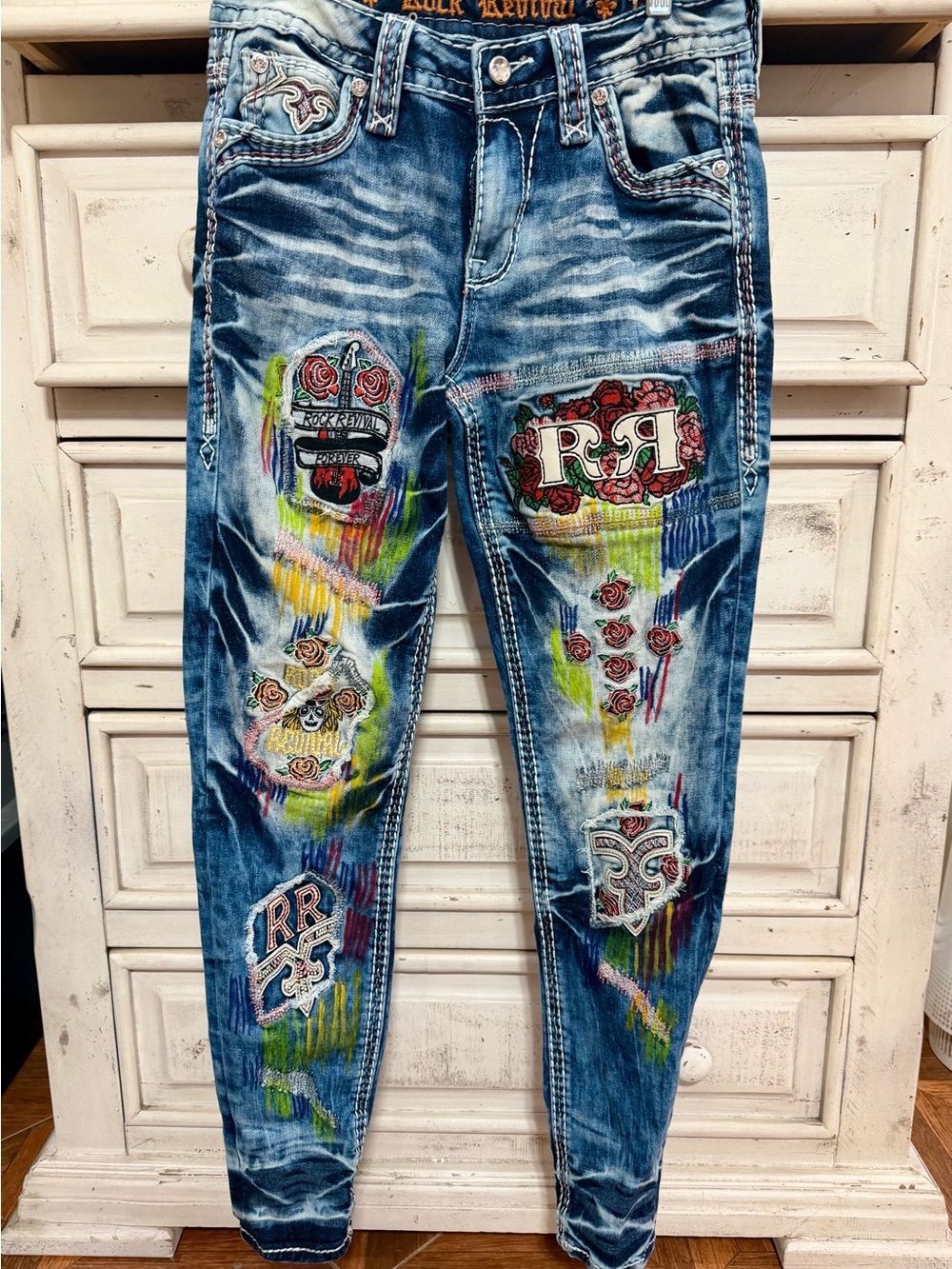 Women’s Rock Revival Blue Skinny Jeans with Multicolor Embroidery